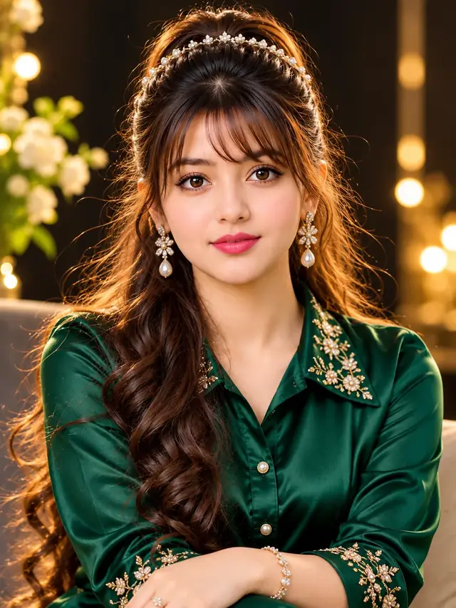 Beautiful Indian Girl in Emerald Green Satin Outfit, Royal Fashion Portrait, Golden Light Photoshoot