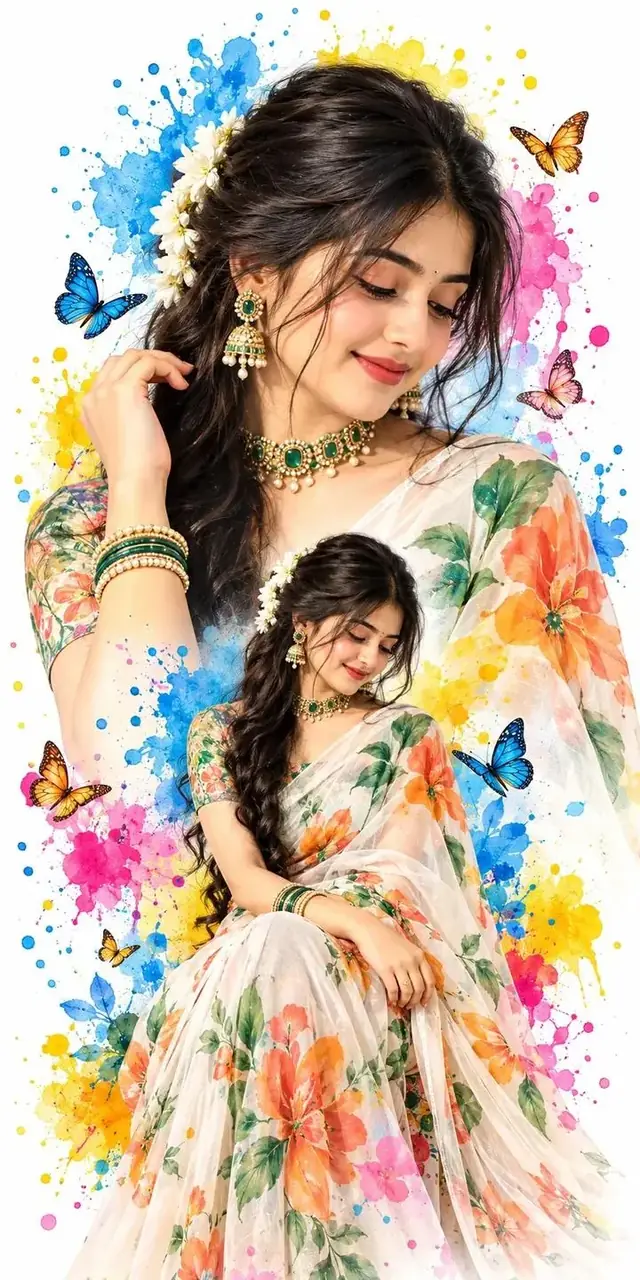 Floral Saree Girl Double Portrait, Colorful Watercolor Butterfly AI Photo