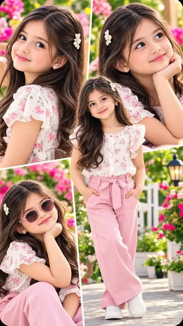 Cute Little Girl Pink Floral Outfit Four-Pose Collage | Beautiful Garden AI Photo Prompt