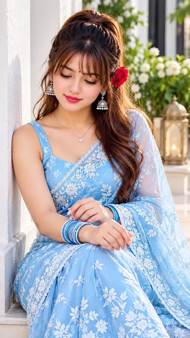 Sky Blue Floral Saree – Elegant Indian Beauty Portrait