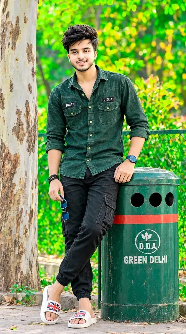 Stylish Green Shirt Boy – Outdoor Attitude Portrait