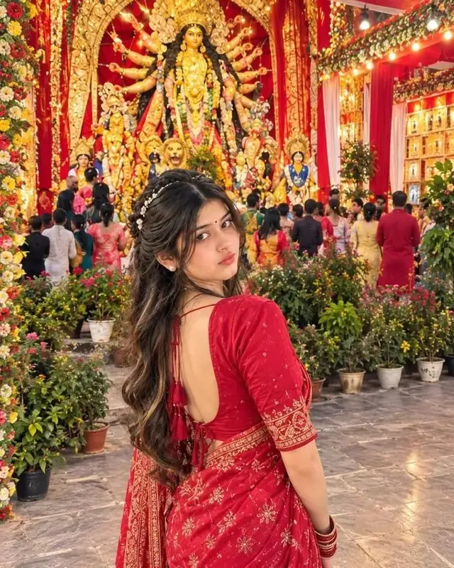 Beautiful Bengali Girl Red Saree Back Pose Durga Puja Gemini AI Photo Prompt