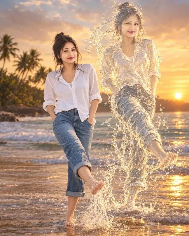 Golden Water Splash Girl Beach Sunset AI Photo Editing Prompt