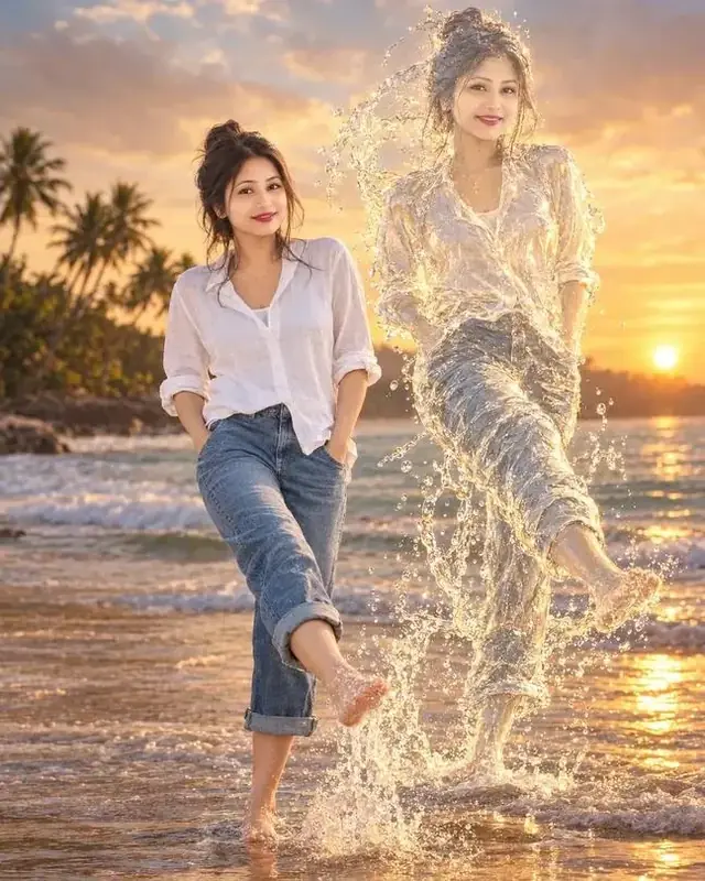 Golden Water Splash Girl Beach Sunset AI Photo Editing Prompt