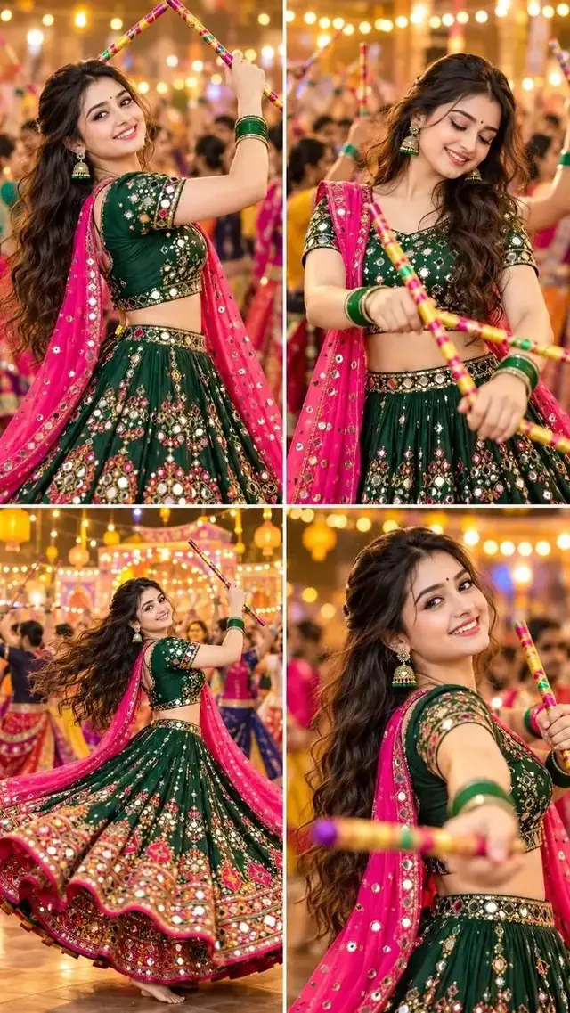 Navratri Garba Dance Photoshoot, Beautiful Indian Girl in Green Lehenga, 4 Pose Dandiya Collage