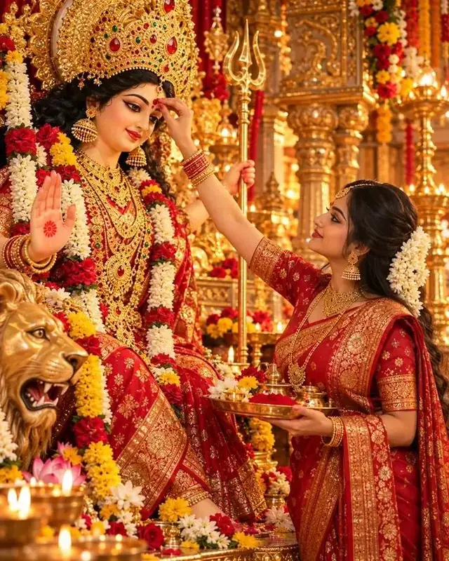 Maa Durga Sindoor Khela AI Photo Prompt โ Bengali Durga Puja Traditional Red Saree Portrait