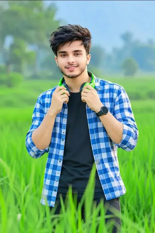 Stylish Blue Check Shirt Boy – Green Nature Portrait