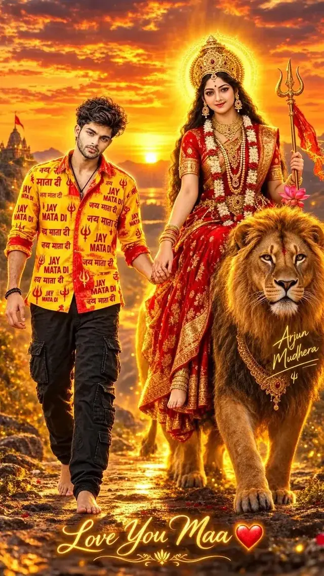 Maa Durga Lion AI Photoshoot, Jai Mata Di Boy Portrait, Divine Sunset Photo Editing