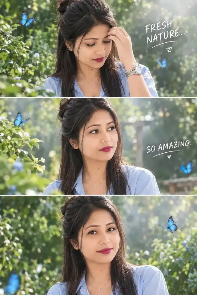 Beautiful Indian Girl in Blue Outfit โ Fresh Nature Butterfly AI Photo Collage Prompt
