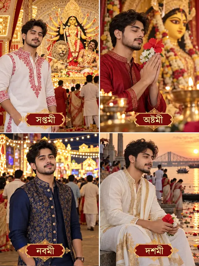 Durga Puja Four Days Boys Photoshoot, Saptami to Dashami Bengali AI Collage