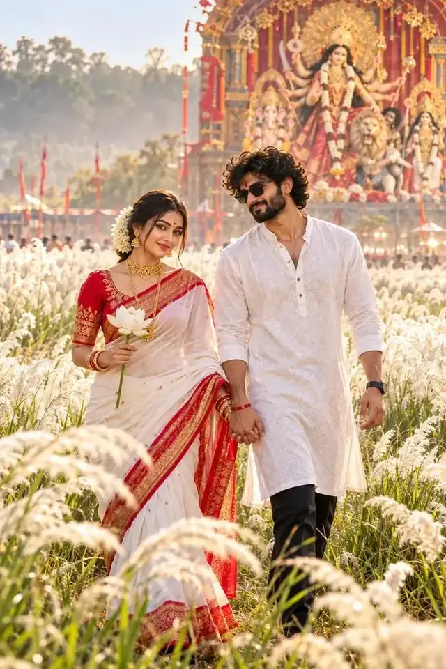Romantic Bengali Couple Photoshoot, Durga Puja Love Story, Traditional Saree Couple Portrait