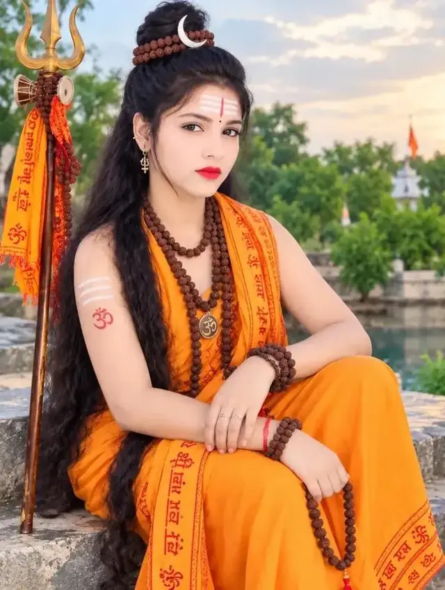 Beautiful Indian Girl Lord Shiva Devotee Saffron Look AI Photo Prompt