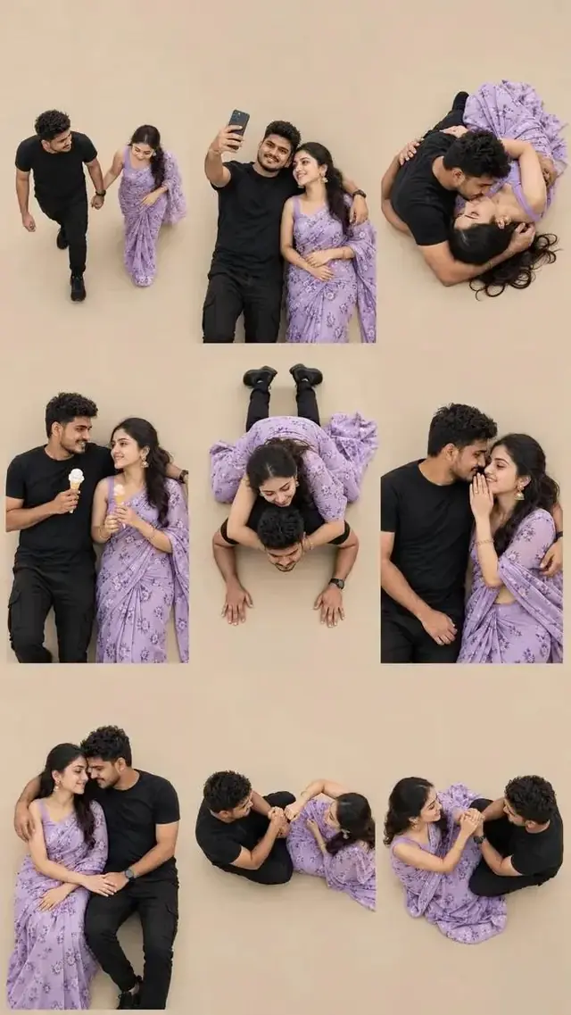 Romantic Couple Lavender Saree 9 Pose AI Photo Collage Prompt