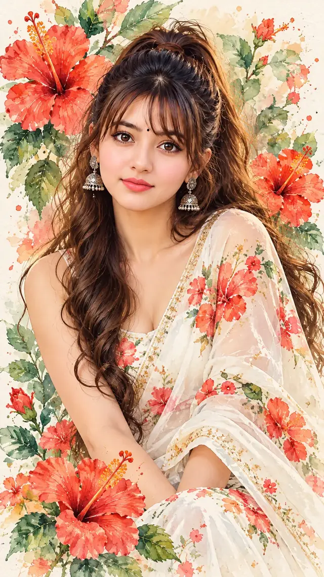 Beautiful Indian Woman – Floral Watercolor Art Portrait
