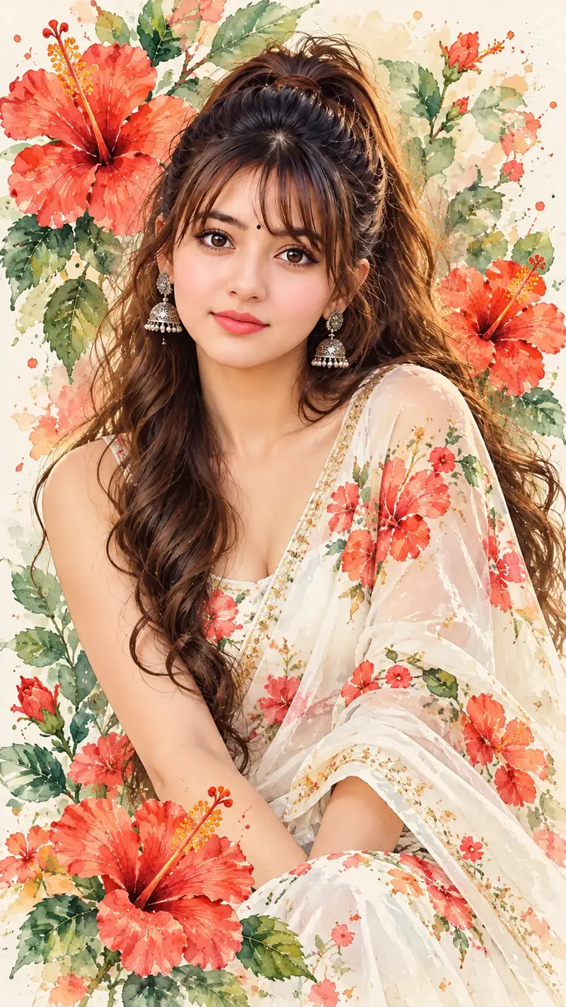 Beautiful Indian Woman – Floral Watercolor Art Portrait