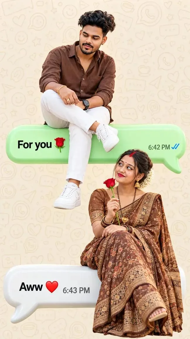 Romantic WhatsApp Chat Couple Photo Editing, 3D Love Message Photoshoot, Cute Indian Couple AI Prompt