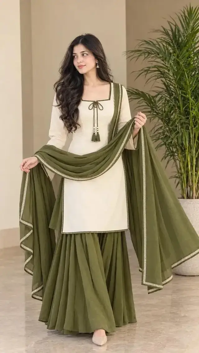 Beautiful Indian Girl in White Kurti and Olive Green Sharara Suit – Gemini AI Photo Prompt