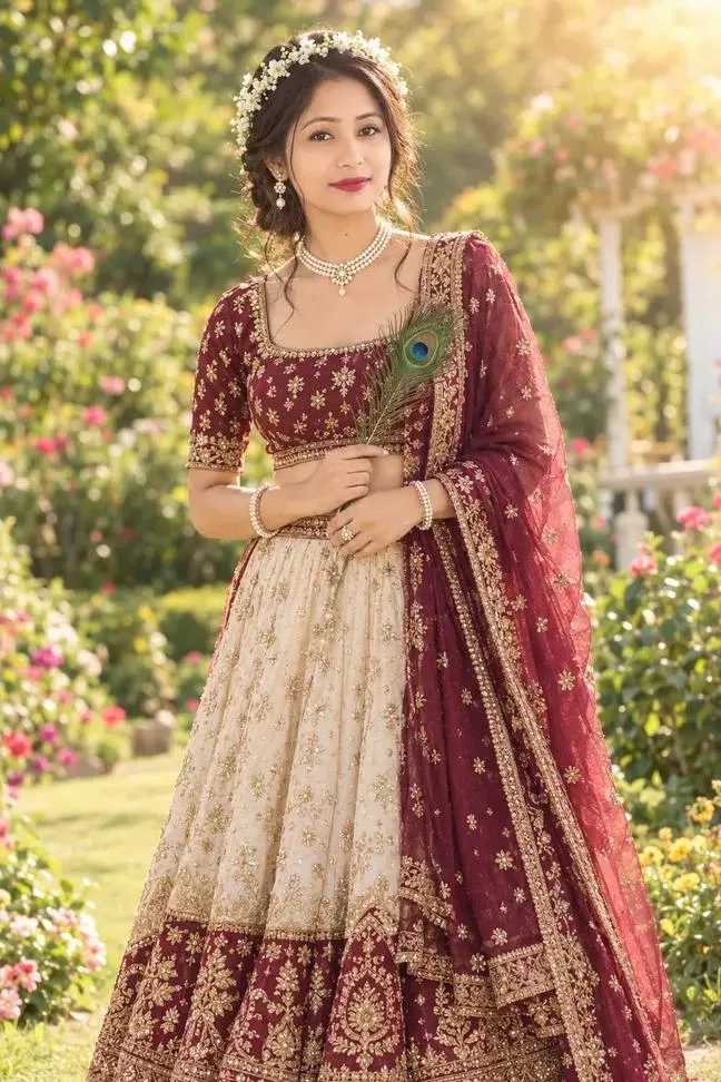 Royal Indian Beauty in Maroon & Cream Lehenga – Dreamy Garden Photoshoot