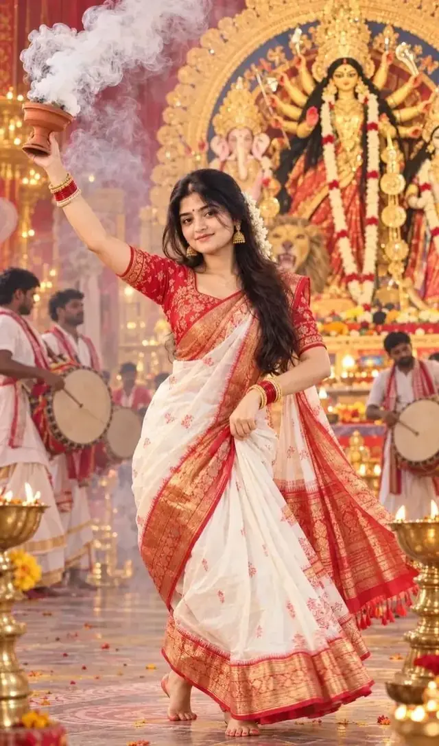 Beautiful Bengali Girl Dhunuchi Dance Durga Puja AI Photo Prompt