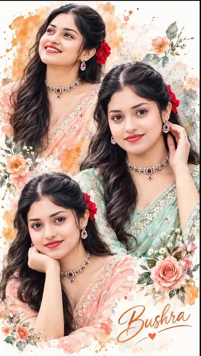 Beautiful Indian Girl Three-Pose Floral Collage – Pastel Saree Watercolor AI Portrait