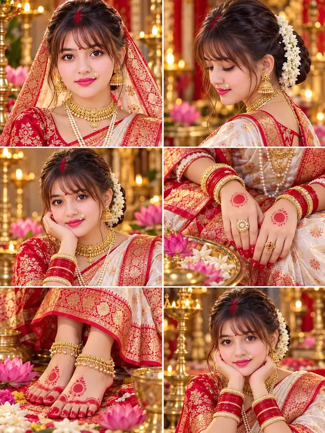 Bengali Bridal Saree Collage, Traditional Sindoor Look, Durga Puja AI Photoshoot