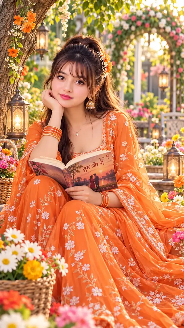 Orange Floral Anarkali Queen β Dreamy Garden Reading Portrait