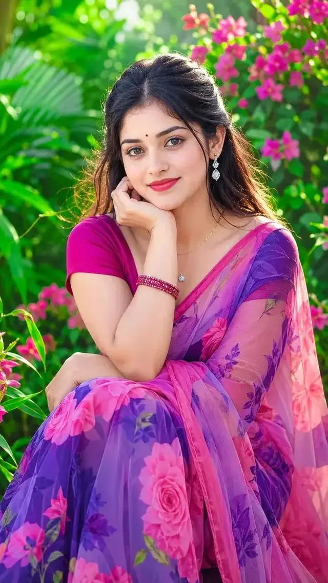 Beautiful Indian Girl in Purple and Pink Floral Saree – Romantic Garden Portrait