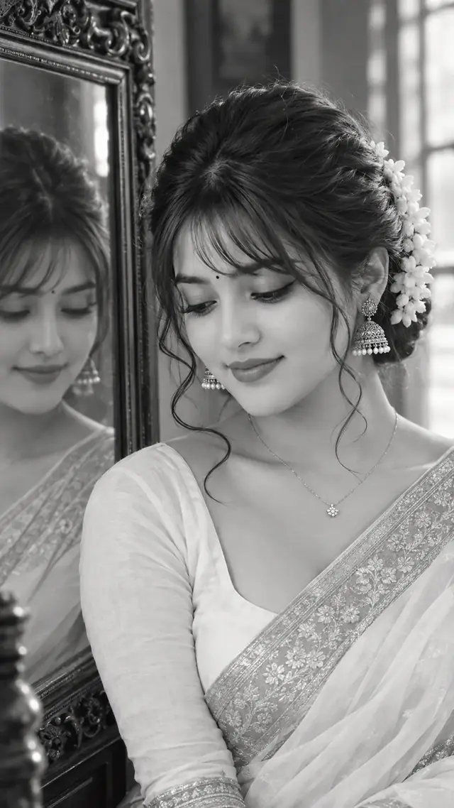 Timeless Bengali Beauty โ Black & White Saree Portrait