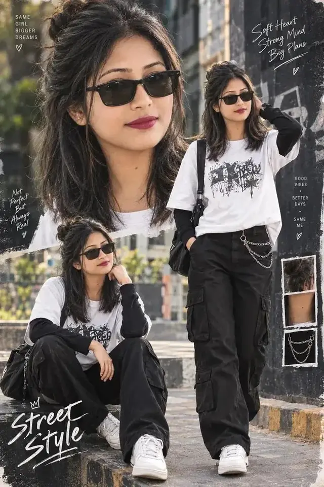Stylish Girl Street Style Photoshoot, Black Cargo Outfit, 3 Pose Collage, Aesthetic AI Photo Editing