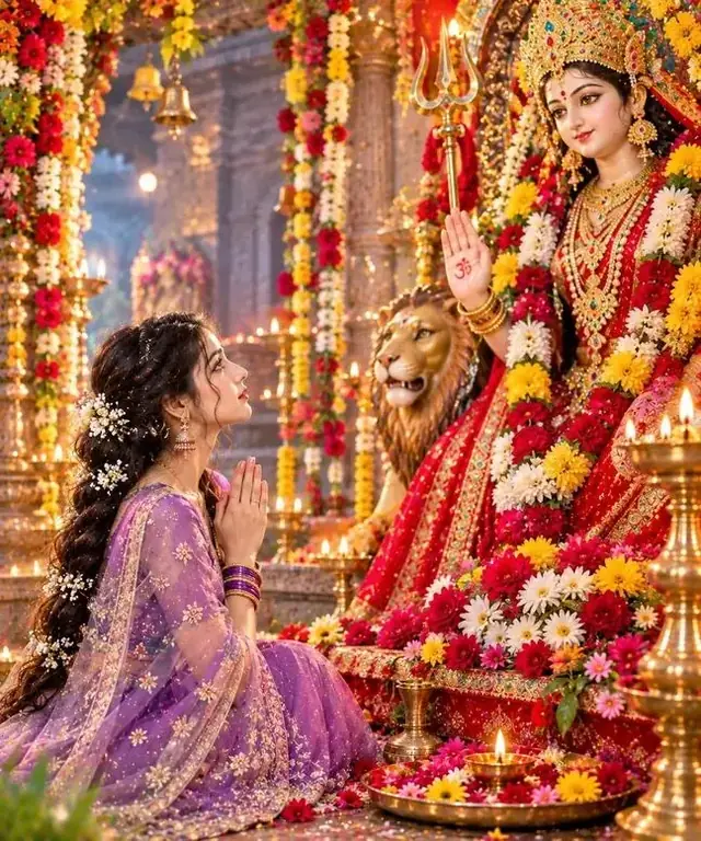 Maa Durga Divine Blessings, Purple Saree Girl Praying, Navratri AI Photoshoot