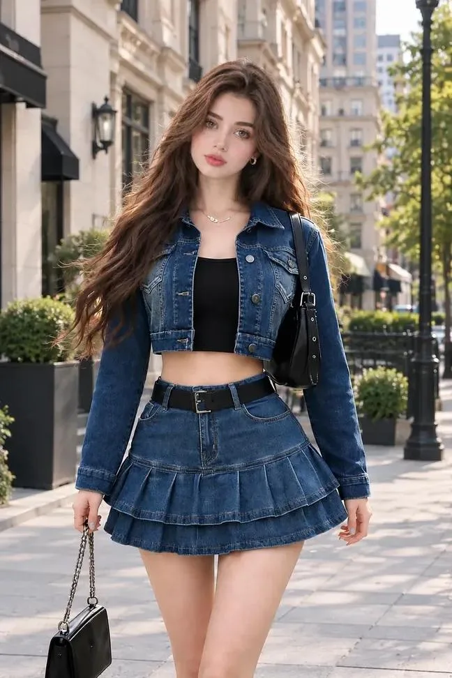 Beautiful Girl in Denim Jacket and Mini Skirt – Stylish Street Fashion AI Photo Prompt
