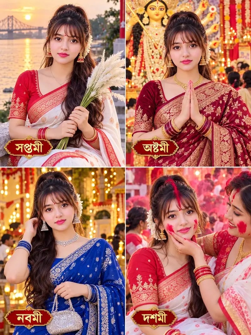 Durga Puja Four Days Bengali Saree Photoshoot, Saptami to Dashami AI Photo Collage