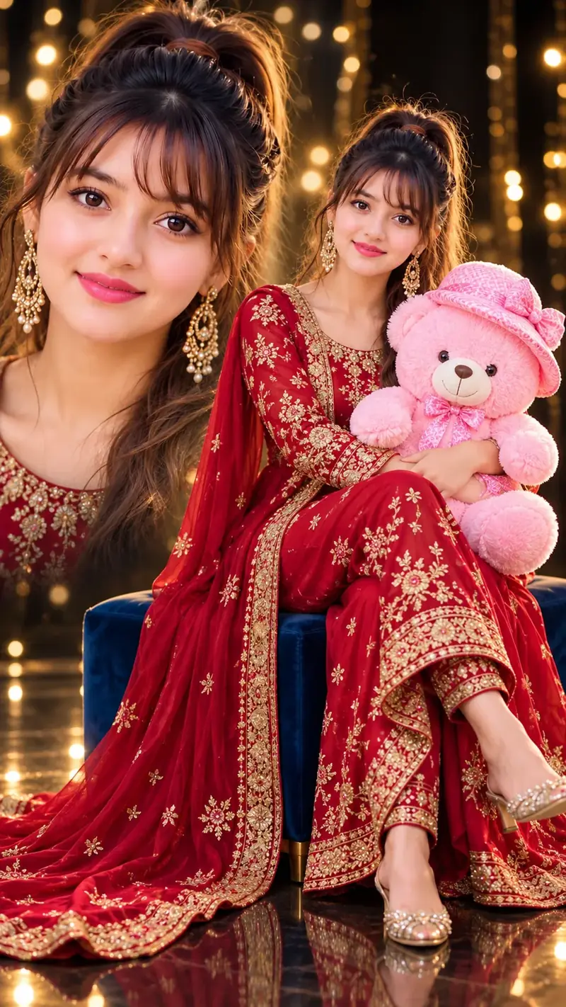 Priyanka Red Traditional Dress with Pink Teddy Bear | Romantic Double Portrait AI Photo Prompt