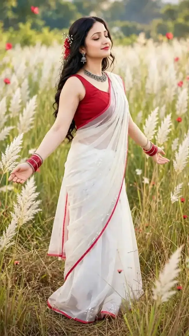 Beautiful Bengali Girl in White Saree, Kash Flower Field Photoshoot, Traditional Durga Puja Look