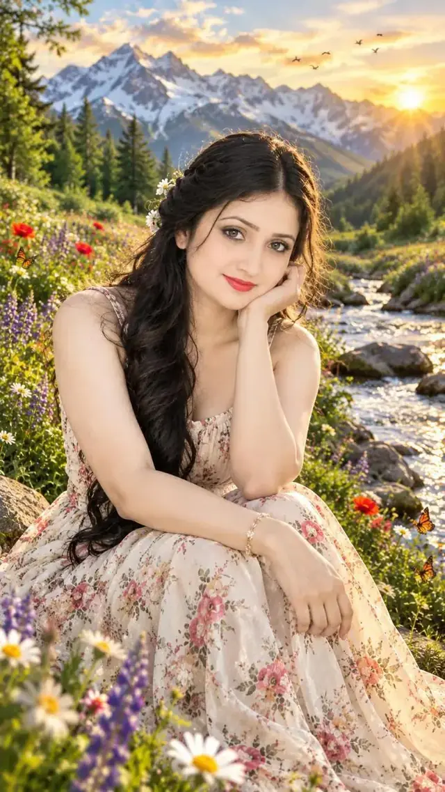 Beautiful Indian Girl in Floral Dress Mountain Valley AI Photo Prompt