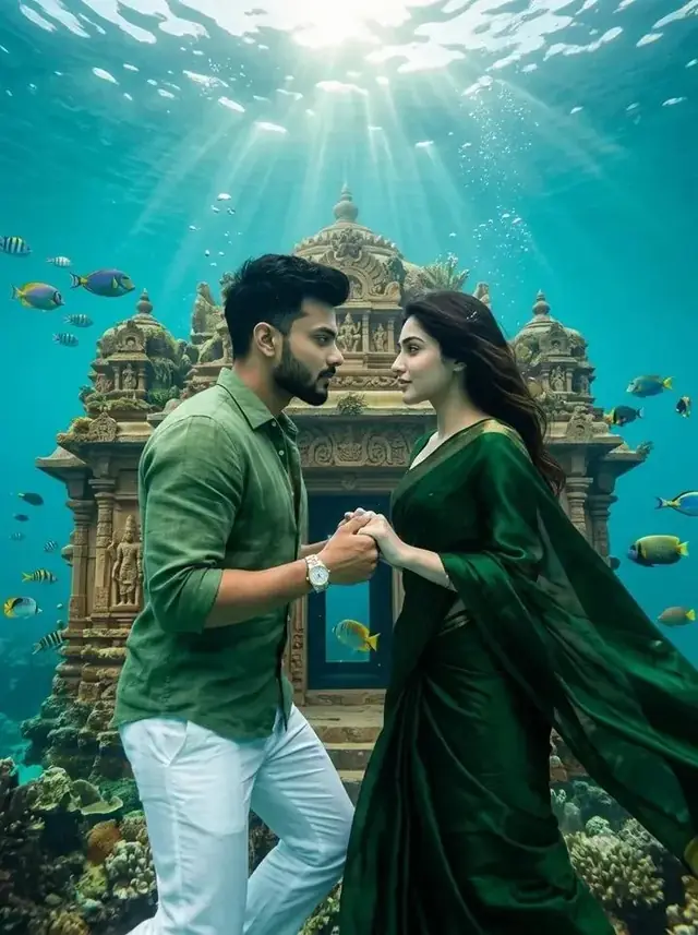 Underwater Romantic Couple Photoshoot, Ancient Temple Fantasy AI Photo Prompt