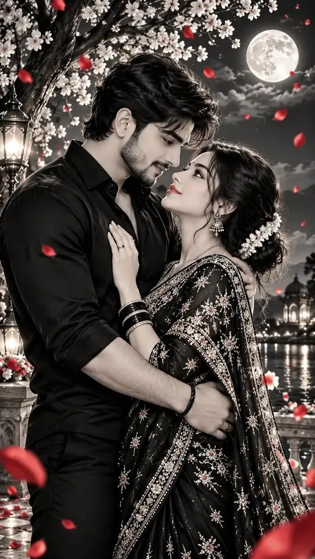 Romantic Moonlight Couple – Black Saree Love Portrait