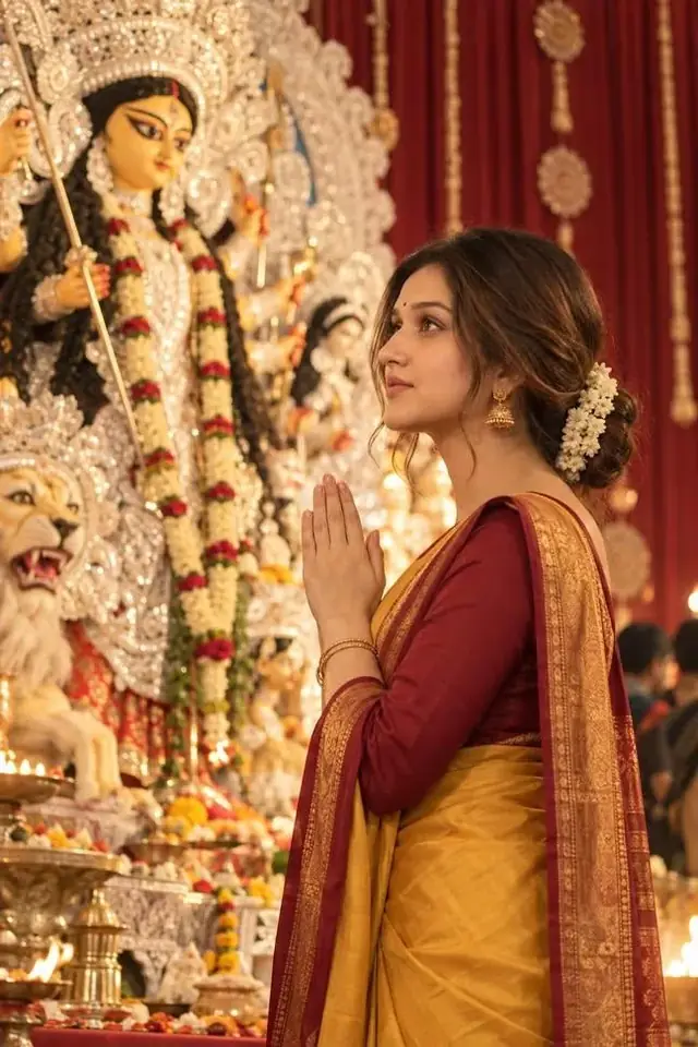 Navratri Divine Darshan โ Beautiful Indian Woman Praying Before Maa Durga Idol