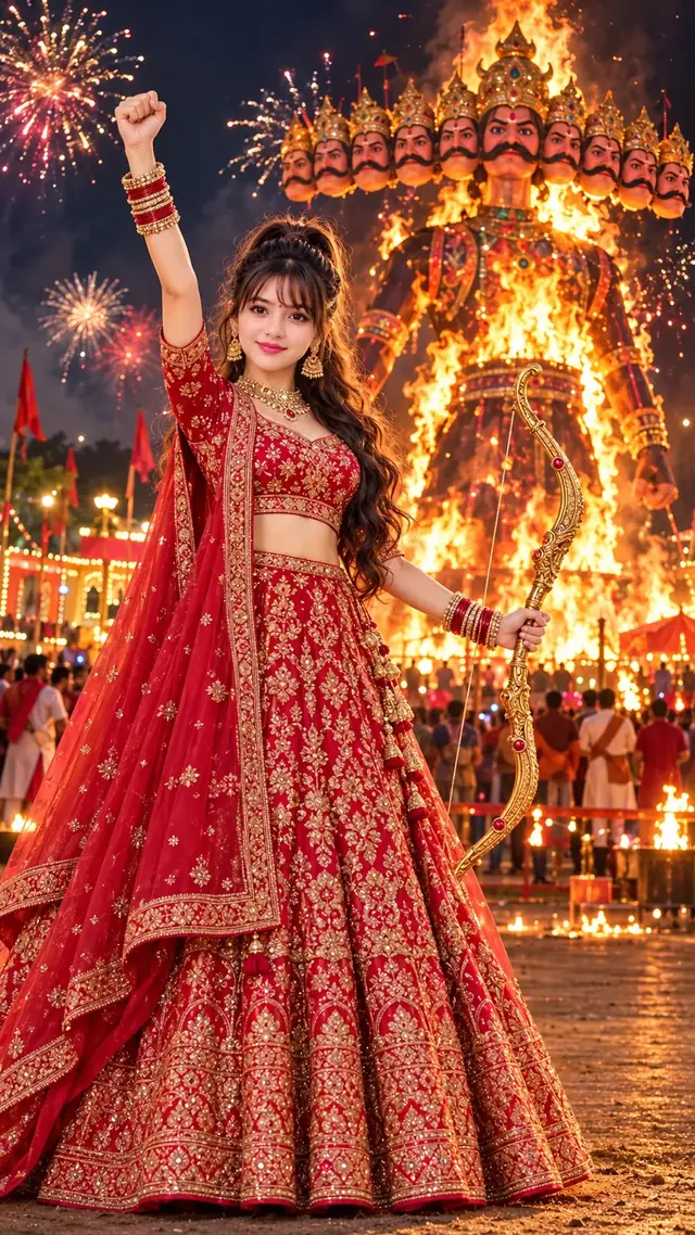 Dussehra Queen – Royal Red Lehenga with Burning Ravana