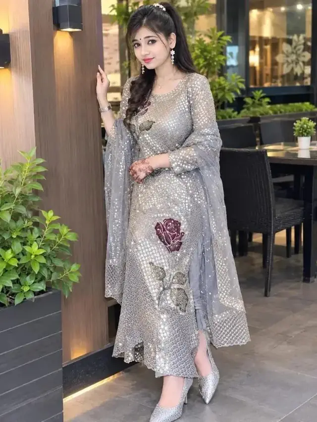 Beautiful Indian Girl in Silver Sequin Anarkali Suit – Elegant AI Photo Prompt