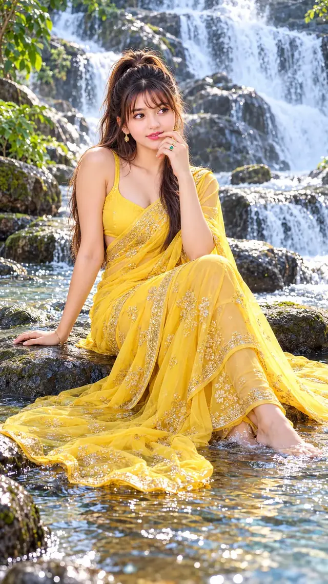 Golden Yellow Saree Beauty at Waterfall 💛