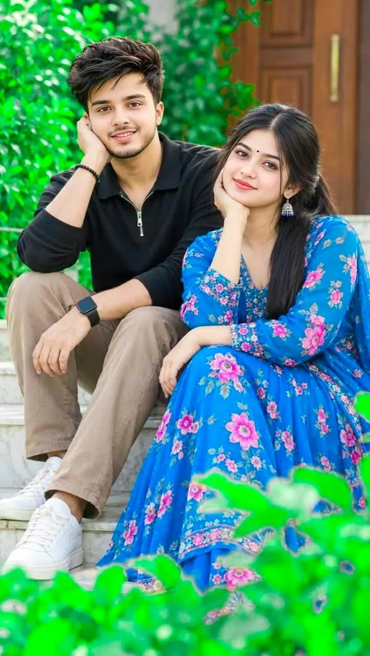 Priyanka Romantic Couple Sitting on Garden Steps | Blue Floral Dress Couple AI Photo Prompt