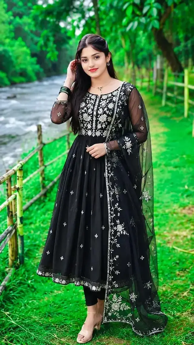 Beautiful Indian Girl in Black Embroidered Anarkali Suit – Outdoor Nature Fashion Portrait