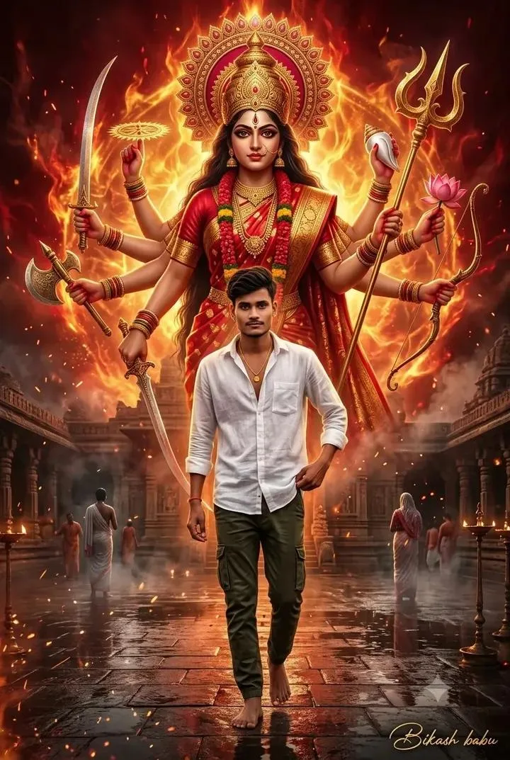 Maa Durga Divine Fire Aura, Powerful Goddess Durga AI Photo Editing, Cinematic Devotional Boy Portrait