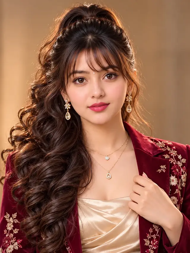 Royal Curly Hair Girl Portrait, Burgundy Blazer Fashion Photoshoot, Elegant AI Photo Editing