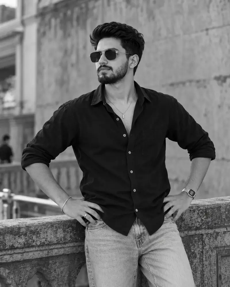 Black Shirt Boy Portrait | Black and White AI Photo Prompt