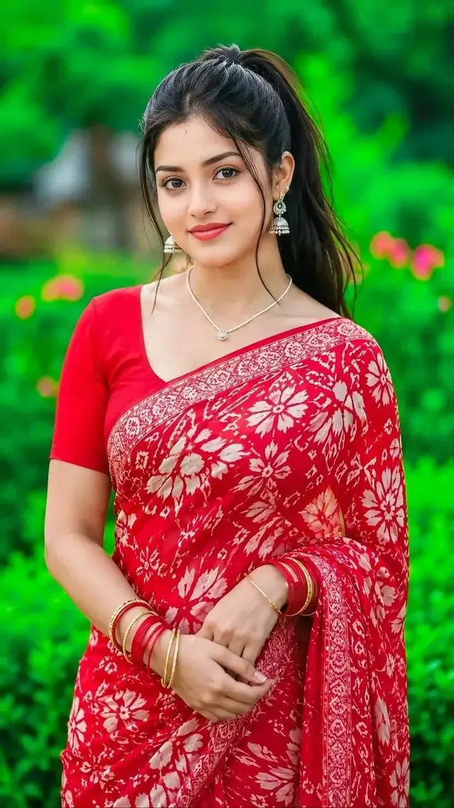 Beautiful Indian Girl in Red Floral Saree – Traditional Bengali Outdoor Portrait