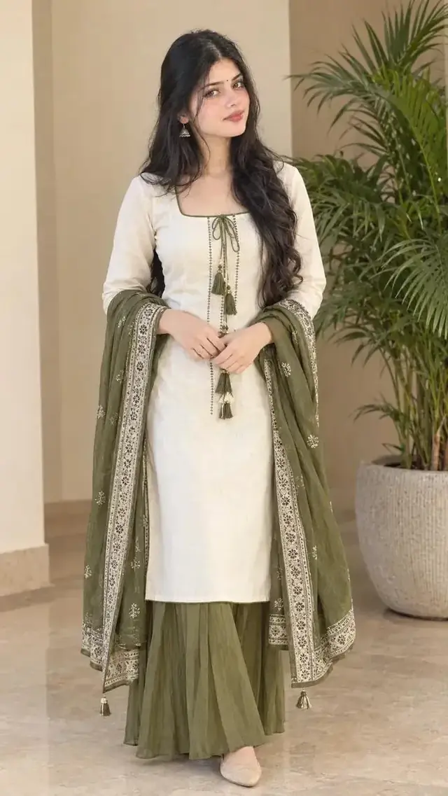Beautiful Indian Girl in White Kurti and Olive Green Sharara Suit – AI Photo Prompt