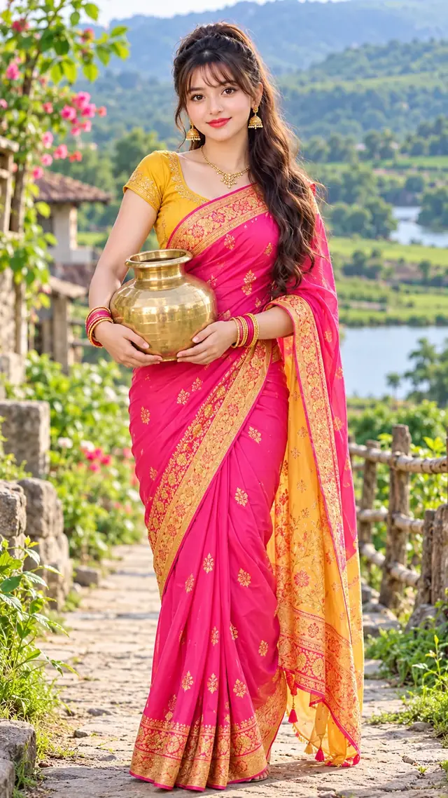 Beautiful Indian Village Girl in Pink Yellow Saree Holding Brass Pot