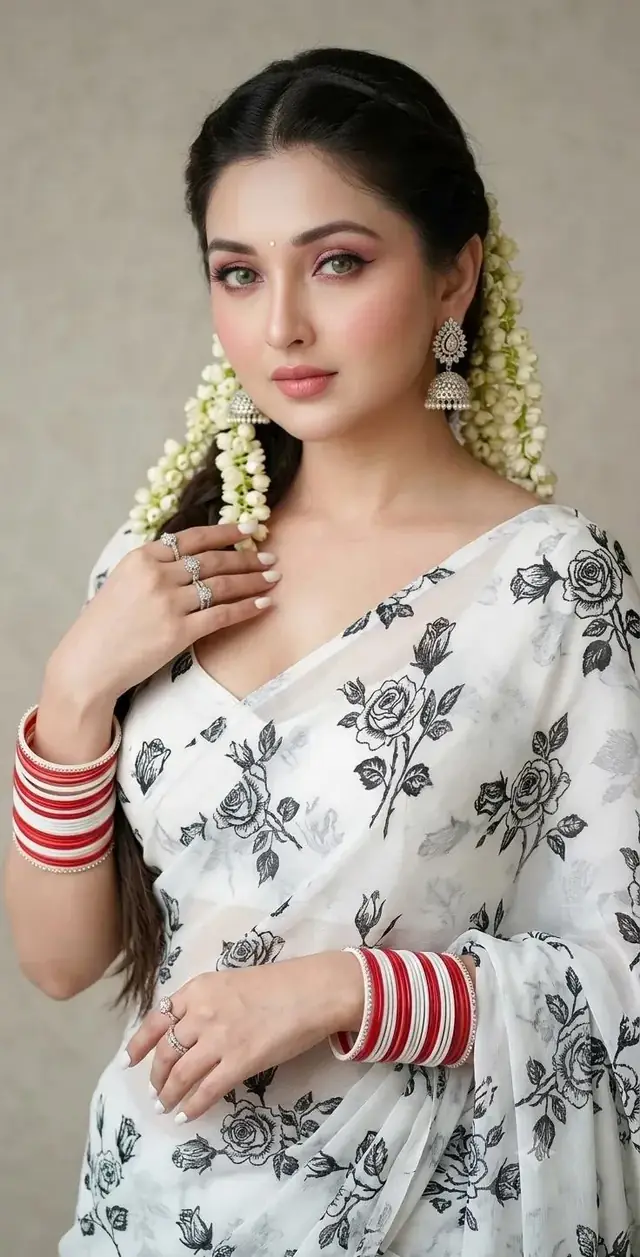 Beautiful Indian Girl in White Floral Saree – Gemini AI Bridal Portrait Prompt
